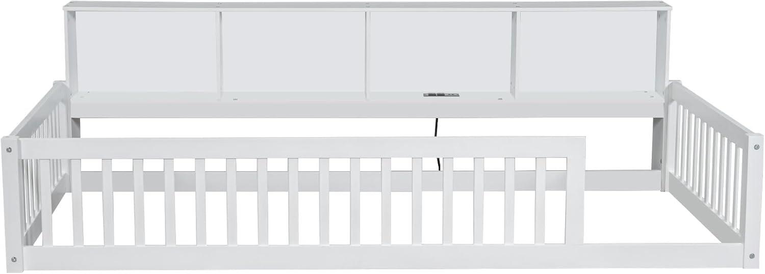 Kumix Twin XL Size Floor Bed with 4 Open Storage Cabinets and USB Ports, Solid Wood Daybed Frame with Semi-Enclosed Fence for Bedroom, No Weight Capacity Limit, Noise-Free, Easy Assembly, White