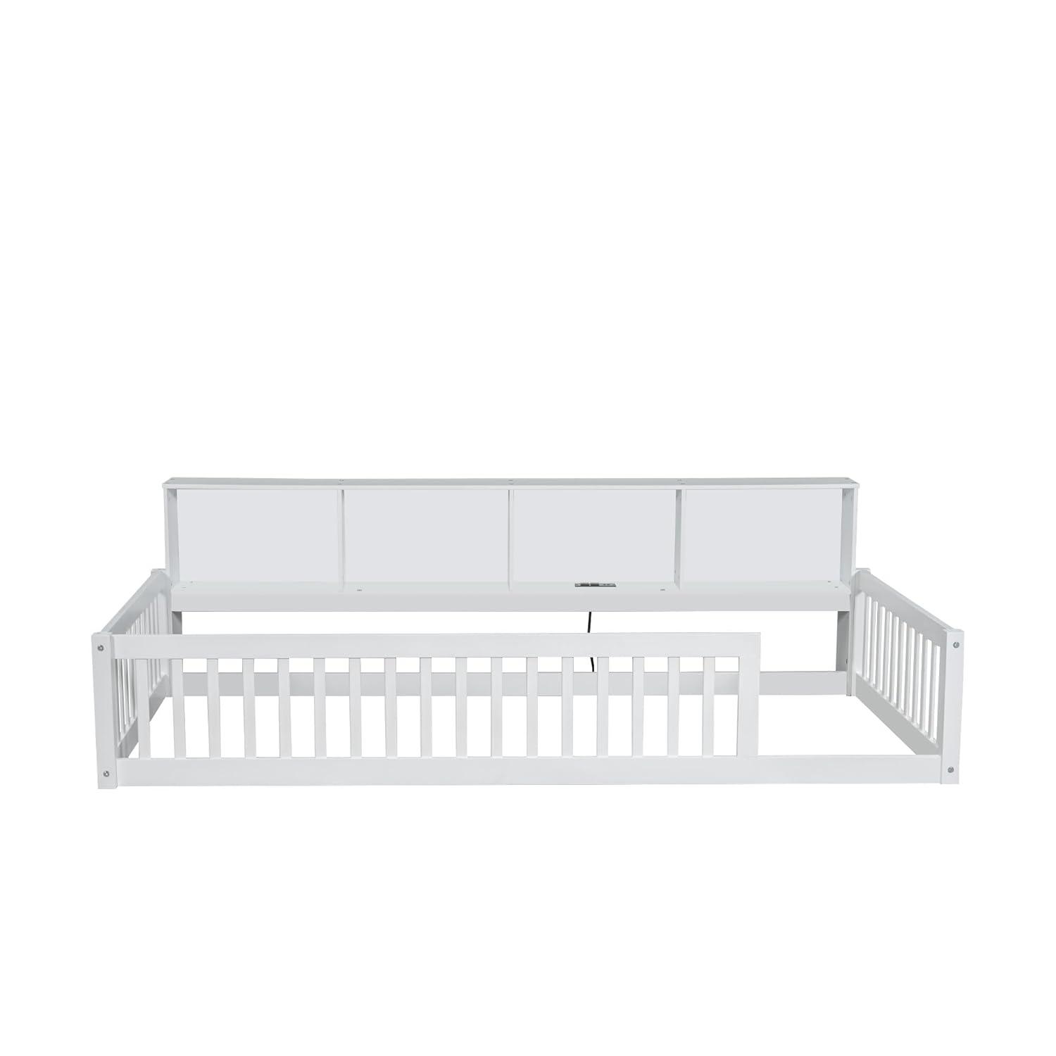 Kumix Twin XL Size Floor Bed with 4 Open Storage Cabinets and USB Ports, Solid Wood Daybed Frame with Semi-Enclosed Fence for Bedroom, No Weight Capacity Limit, Noise-Free, Easy Assembly, White