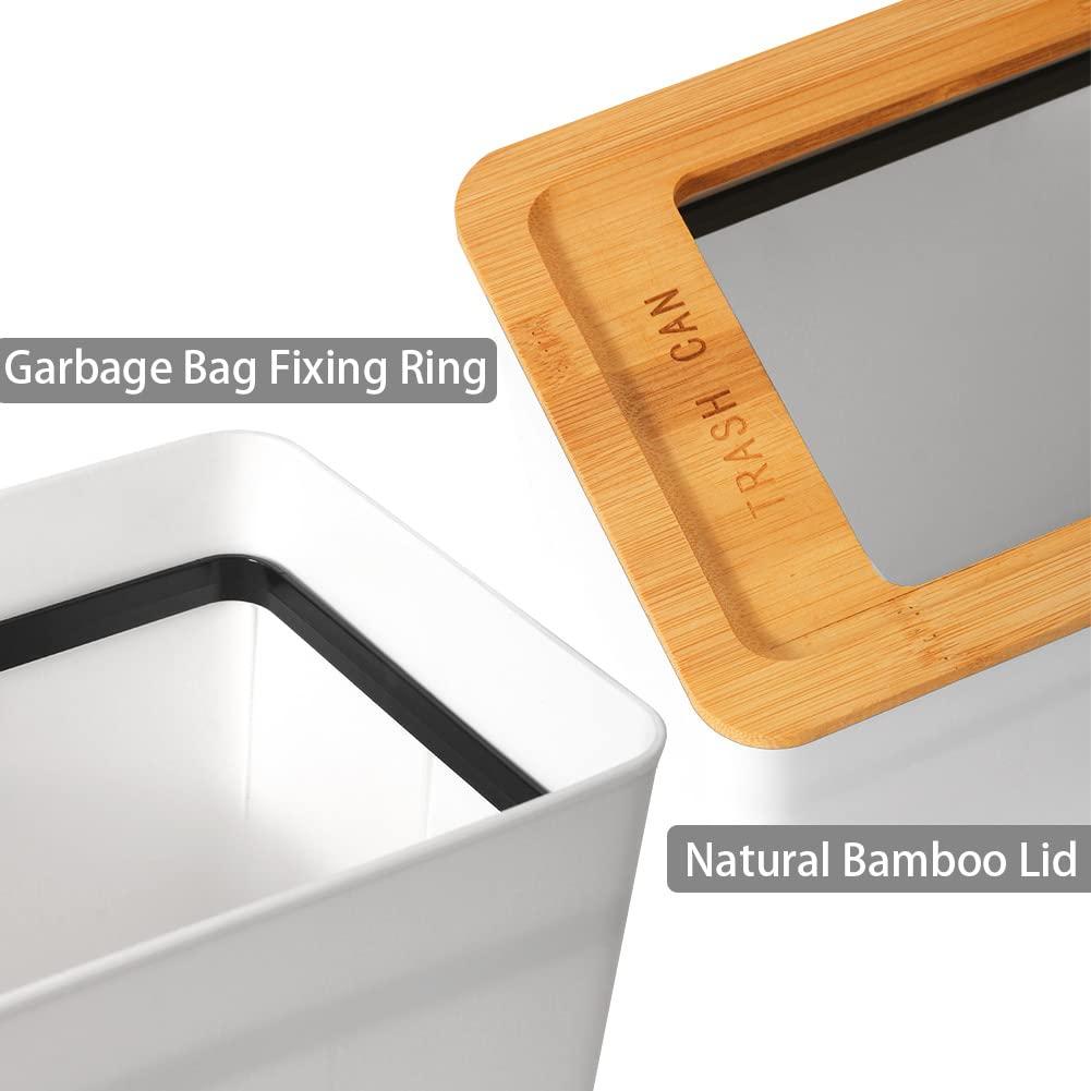 Slim White Plastic Trash Can with Bamboo Lid for Indoor Use