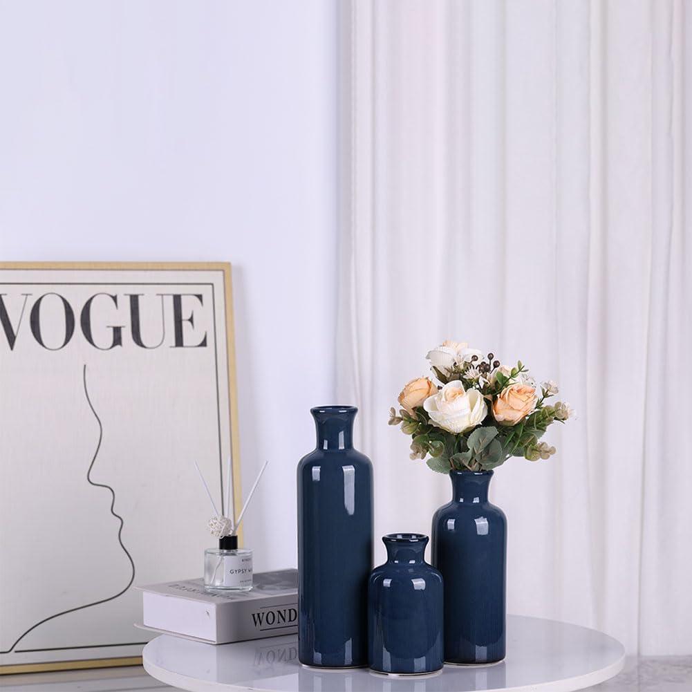 Blue Ceramic Vase Set for 3 - Modern Waterproof Small Vases, Farmhouse Country Home Decor, Living Room, Table, Fireplace, and Entrance Centerpieces