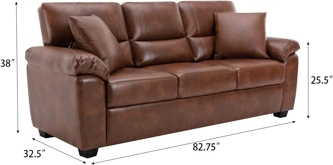 Brown Leather 3-Seat Flared Arm Sofa with Wood Frame