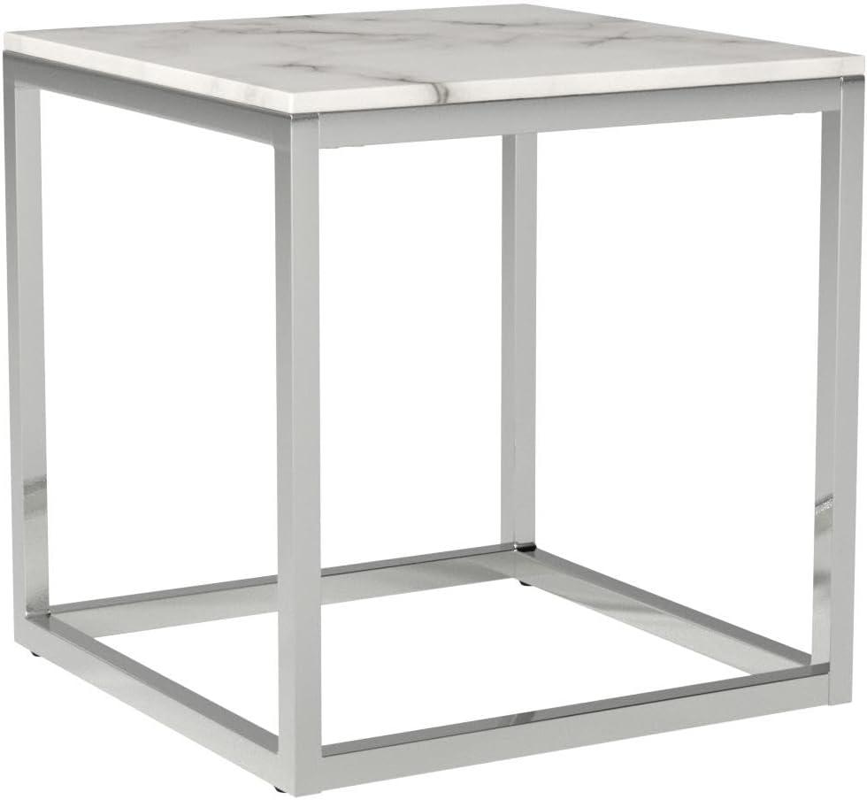 SAFAVIEH Bethany Square Modern Glam End Table, White Marble/Chrome