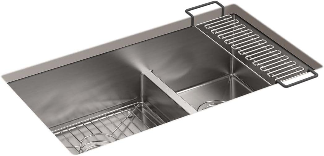 Strive 32" L x 18-5/16" W x 9-5/16" Smart Divide Under-Mount Large/Medium Double-Bowl Kitchen Sink with Basin Rack