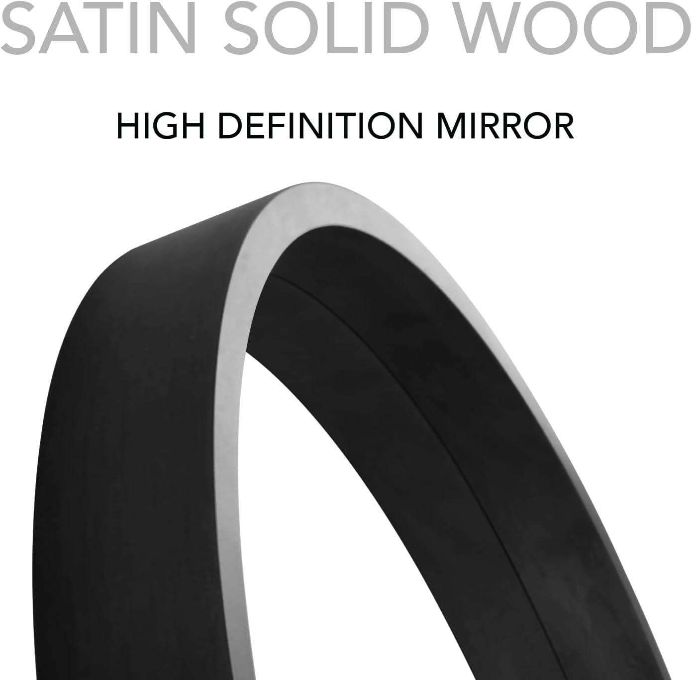 Satin Black Round Pine Wood Wall Mirror, 24-inch