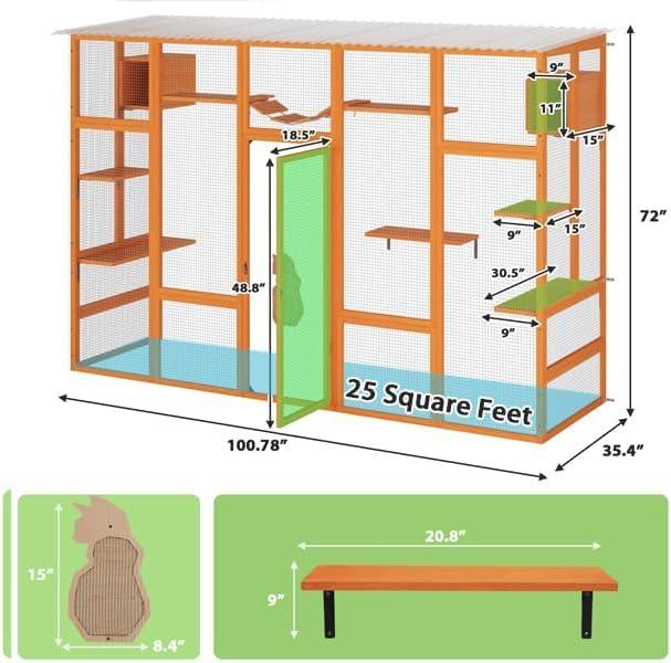 COZIWOW Outdoor Cat Enclosure, Catio Pet Safe House, 104" Extra Large Indoor Window Box with 7 Platforms, Resting Houses, and Walk-In Door, Orange