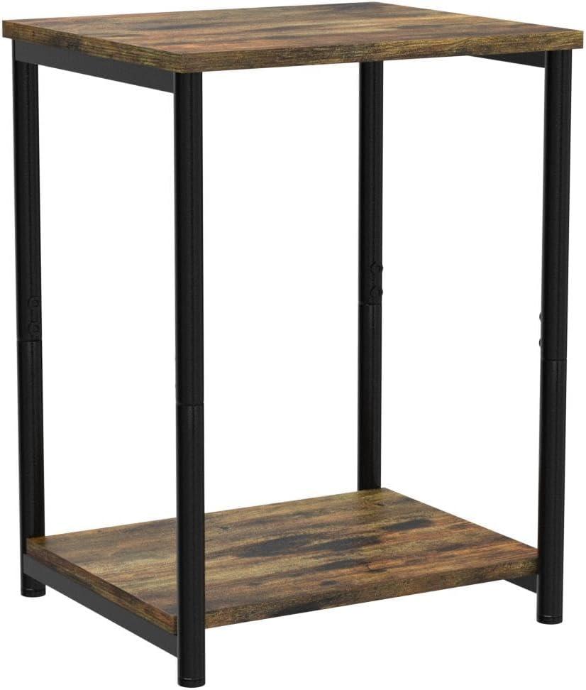 Rustic Brown and Black Metal Rectangular Side Table with Storage Shelf