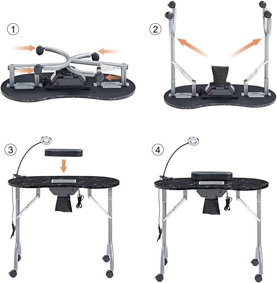 Nail Desk Portable Manicure Table, Professional Nail Table with USB-plug LED Table Lamp, Sponge Pillow, Electric Dust Collector, Carrying Bag, Black