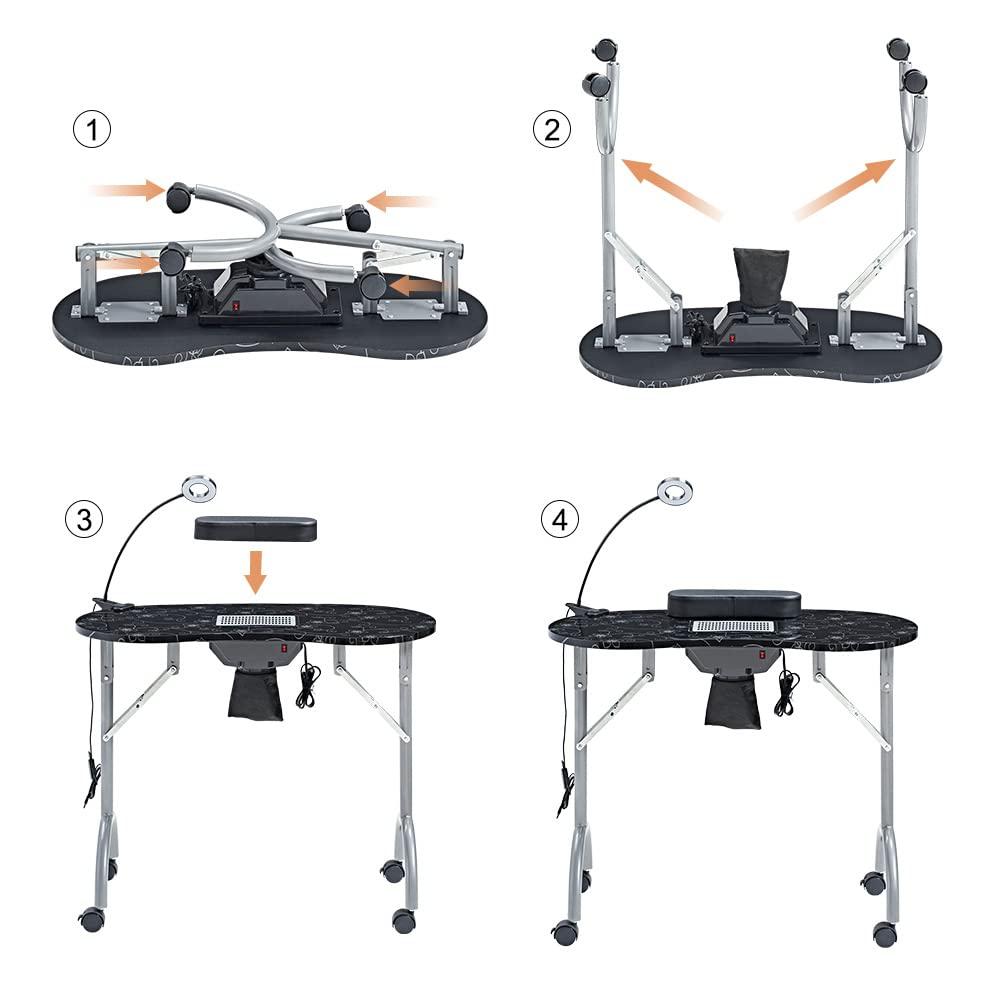 Nail Desk Portable Manicure Table, Professional Nail Table with USB-plug LED Table Lamp, Sponge Pillow, Electric Dust Collector, Carrying Bag, Black