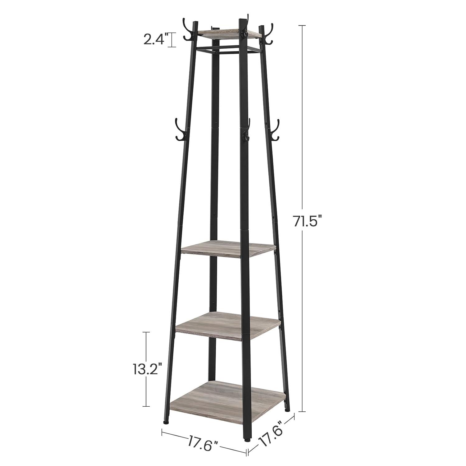VASAGLE ALINRU Coat Rack with 3 Shelves Stand with Hooks for Scarves Bags and Umbrellas