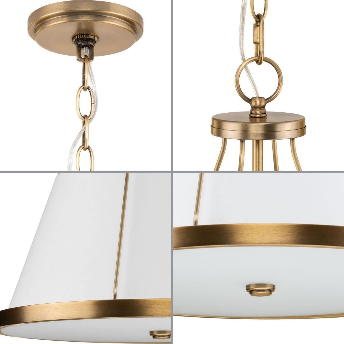 Progress Lighting Saffert 3-Light Pendant, Vintage Brass, White Linen Shade