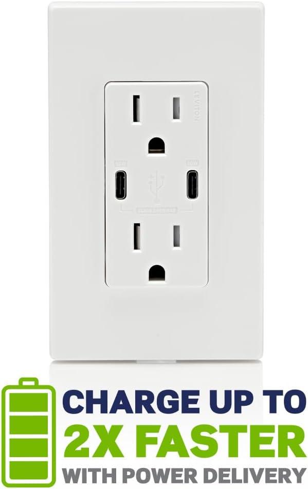 White 15A Tamper-Resistant Outlet with Dual USB Type-C Ports