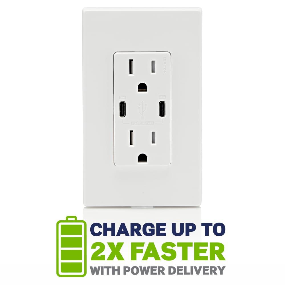 White Thermoplastic Tamper Resistant USB-C Wall Outlet with Wall Plate