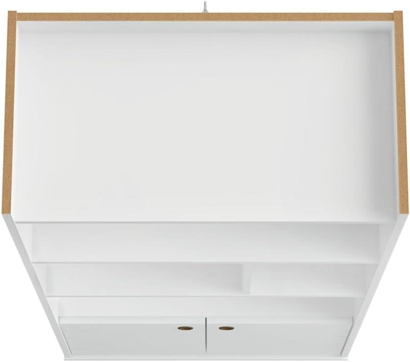 Mid-Century Modern White and Wood 3-Tier Bookshelf with Doors