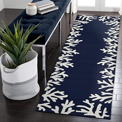 Capri Navy Blue and White Coral Motif Hand-Tufted Area Rug