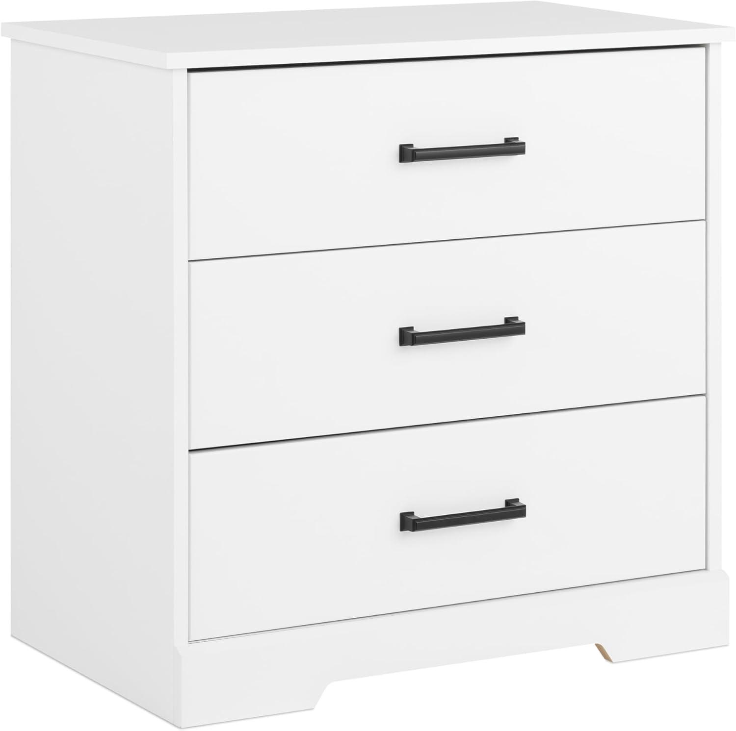 Rustic White 3-Drawer Farmhouse Nightstand with Black Handles