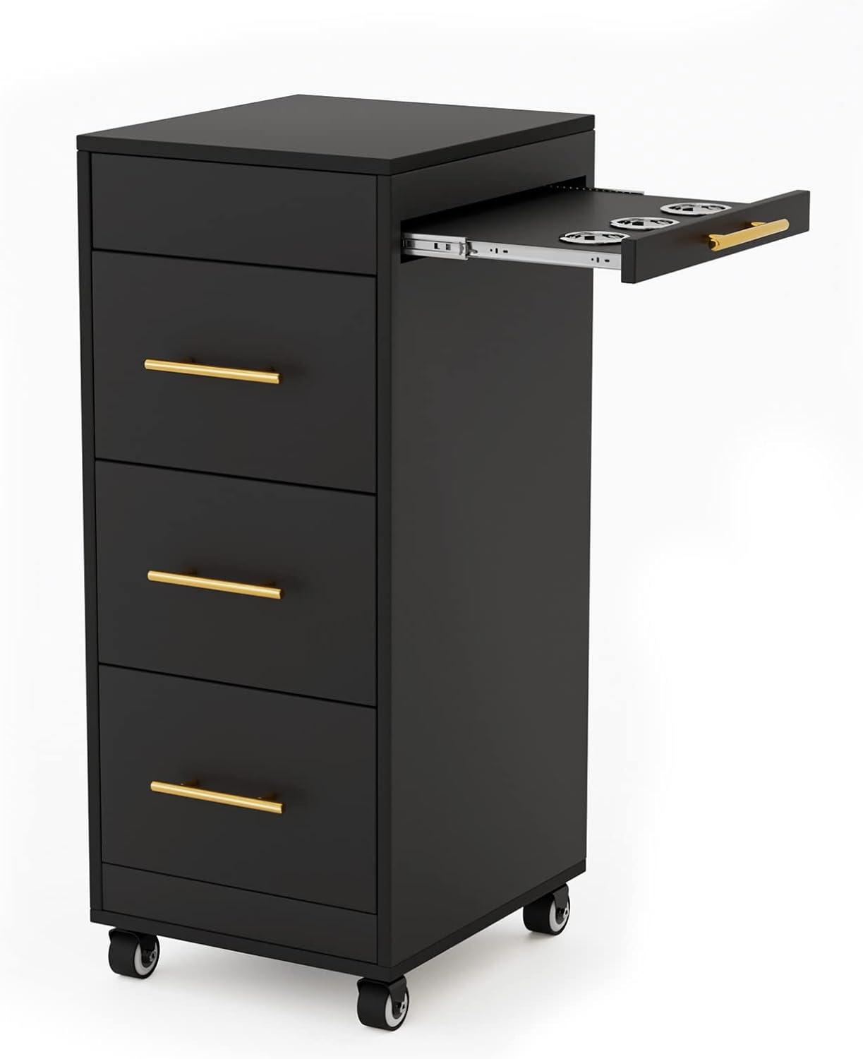 Salon Trolley Cart with Wheels, Wooden Hair Storage Cabinet, Stylist Cart Mobile Hairdressing Barber Station for Beauty Spa Barbershop, 3 Large Drawers, 3 Hot Tool Holders, Black