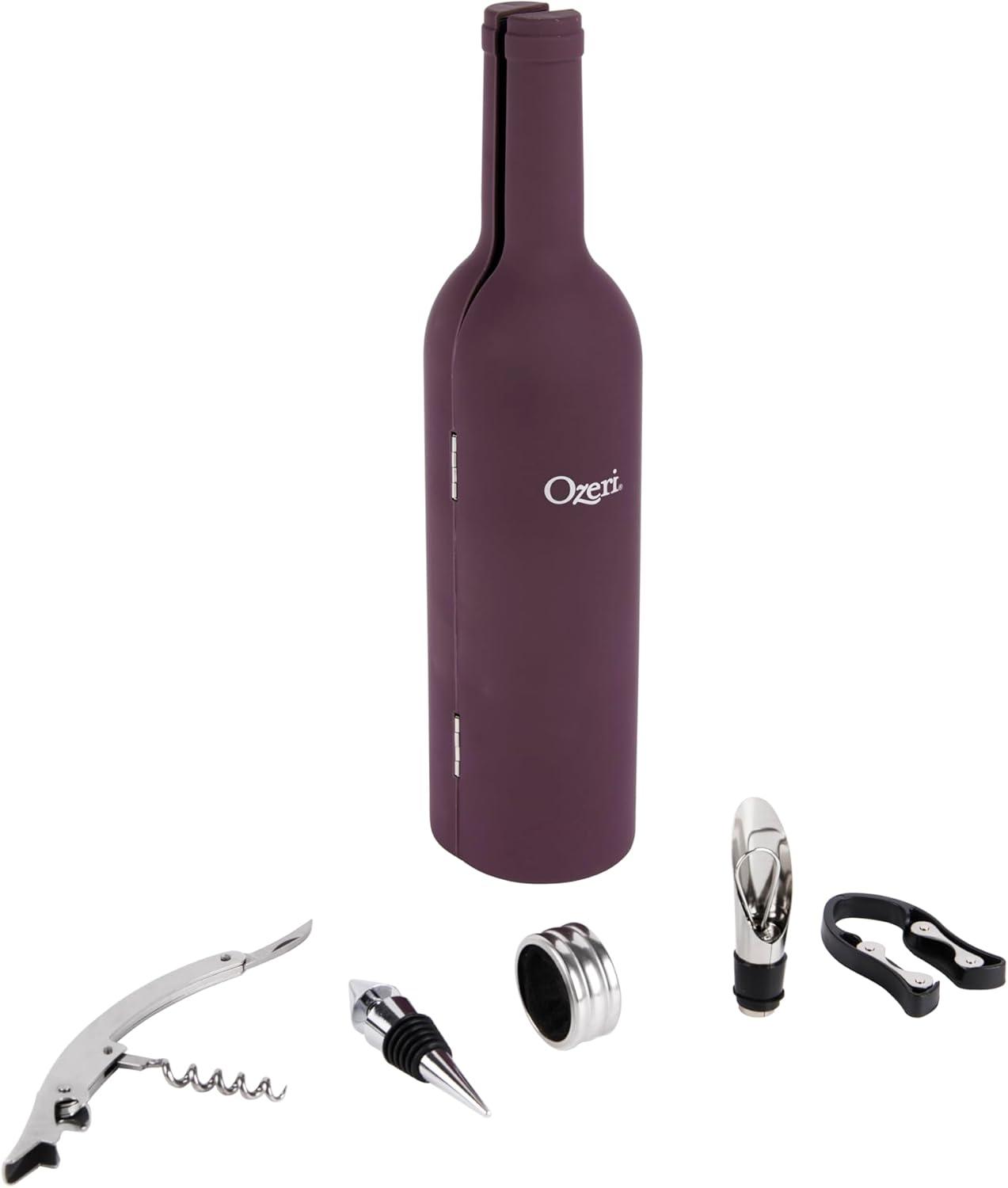 Burgundy Wine Bottle Shaped 5-Piece Corkscrew and Accessory Set