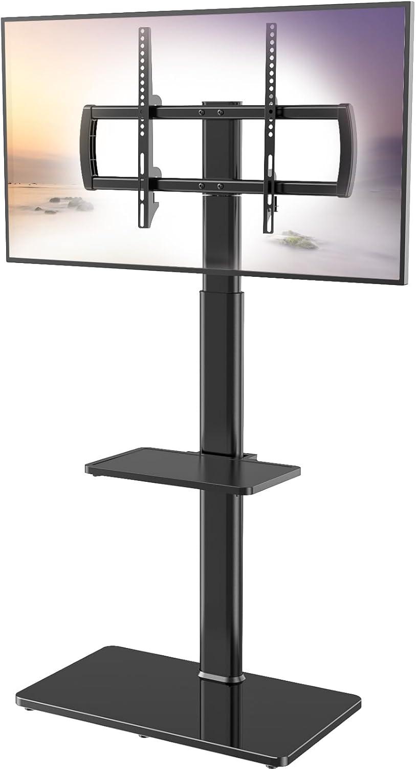 Hemudu Universal Floor TV Stand with Swivel Bracket and 2 Shelves, Black