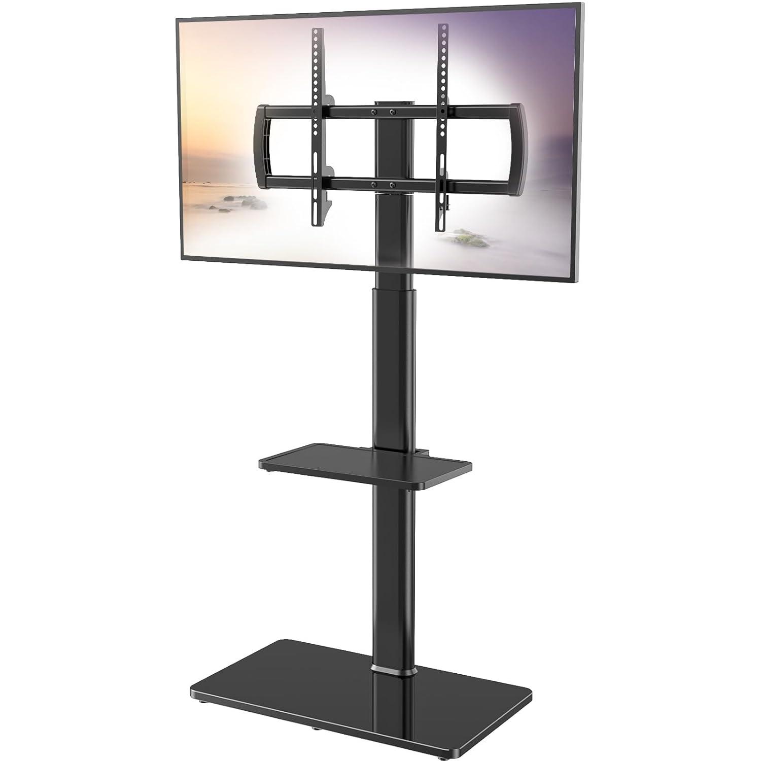 Hemudu Universal Floor TV Stand with Swivel Bracket and 2 Shelves, Black