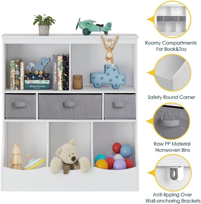 UTEX Toy Storage Organizer with Bookcase, Kids Bin Storage Unit with 8 Compartments and 3 Baskets, Toys Box, Multi Shelf Cubby for Books, Toys,White