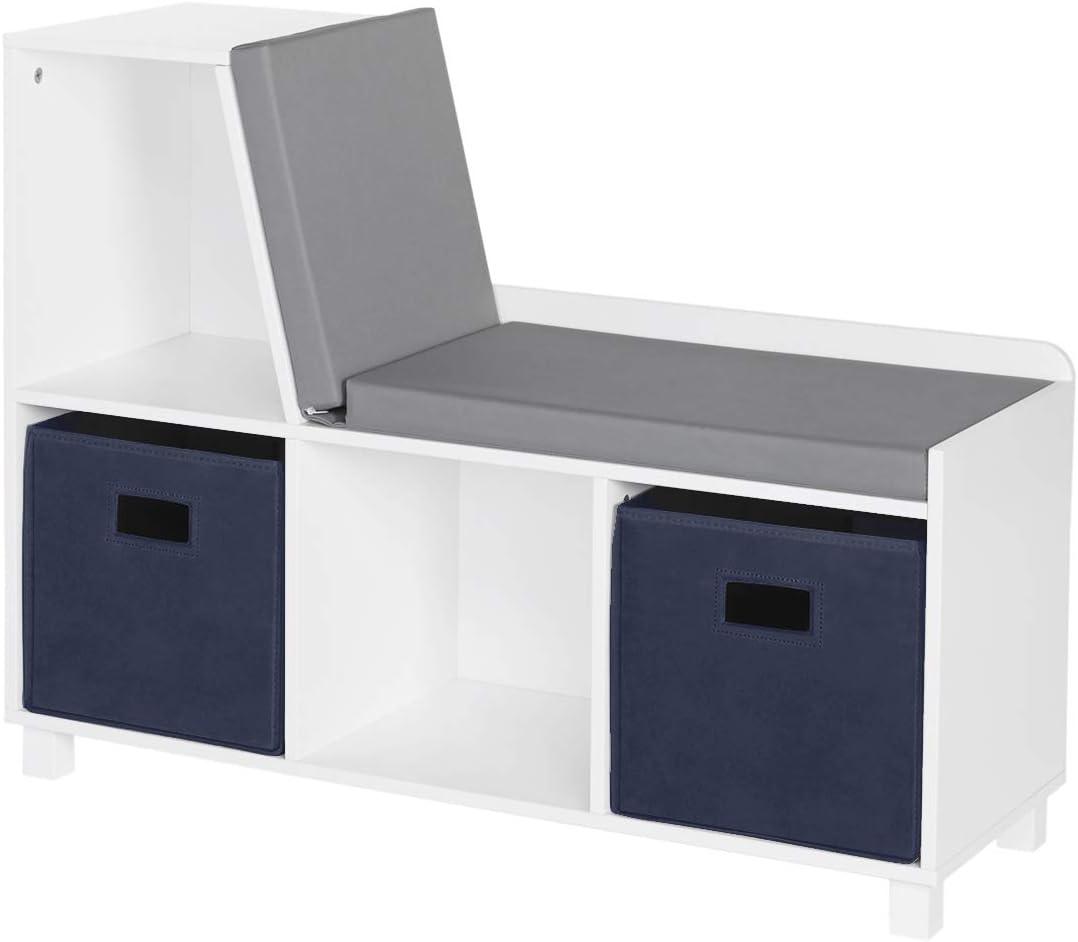 RiverRidge Home RiverRidge Kids Reading Book Nook Cushioned Toy Storage Bench with Cubby Organizers and 2 Fabric Bins- White