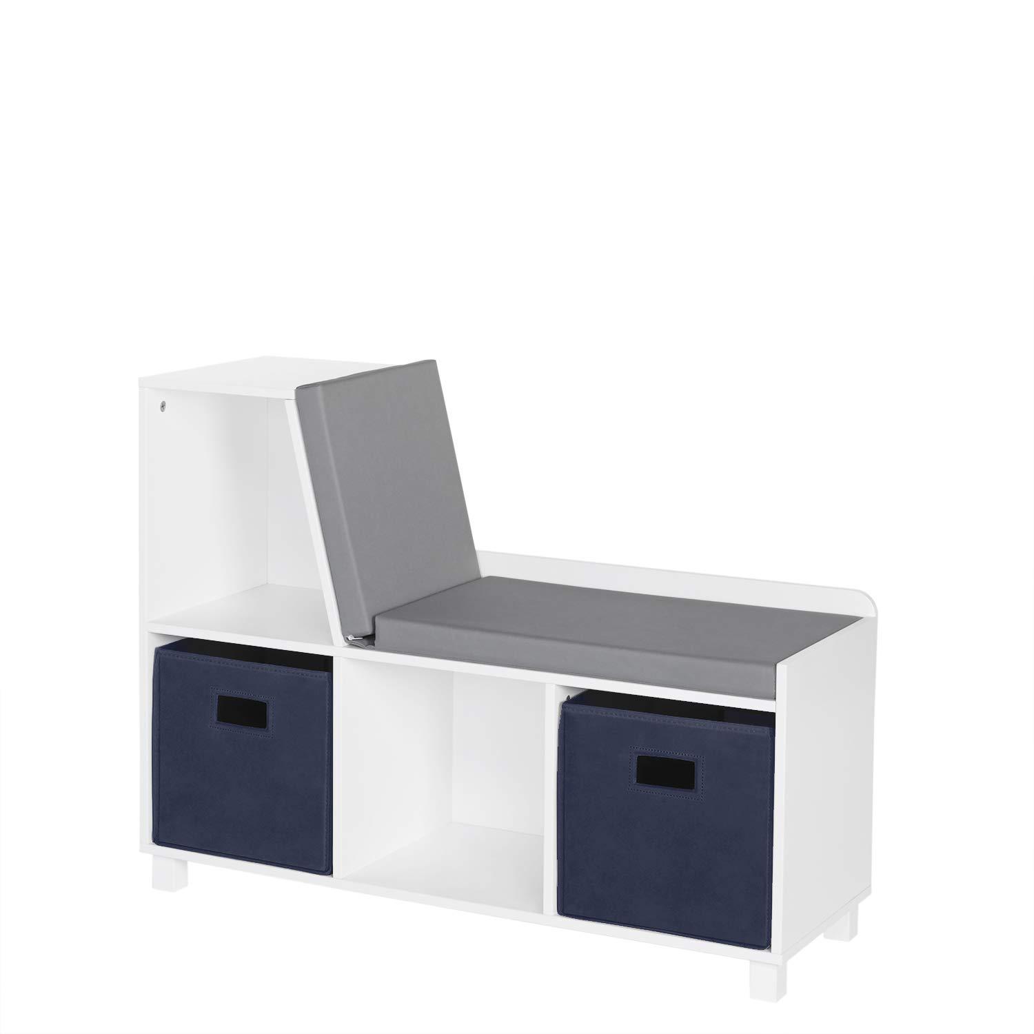 RiverRidge Home RiverRidge Kids Reading Book Nook Cushioned Toy Storage Bench with Cubby Organizers and 2 Fabric Bins- White