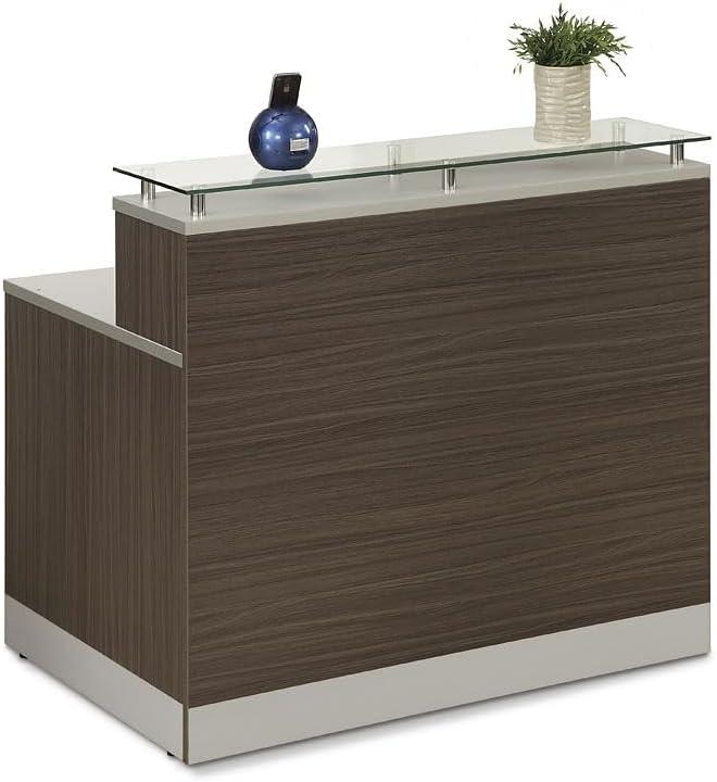 NBF Signature Series Esquire Reception Desk Glass Top, Driftwood Silver Laminate Desk 48”Wx32”D