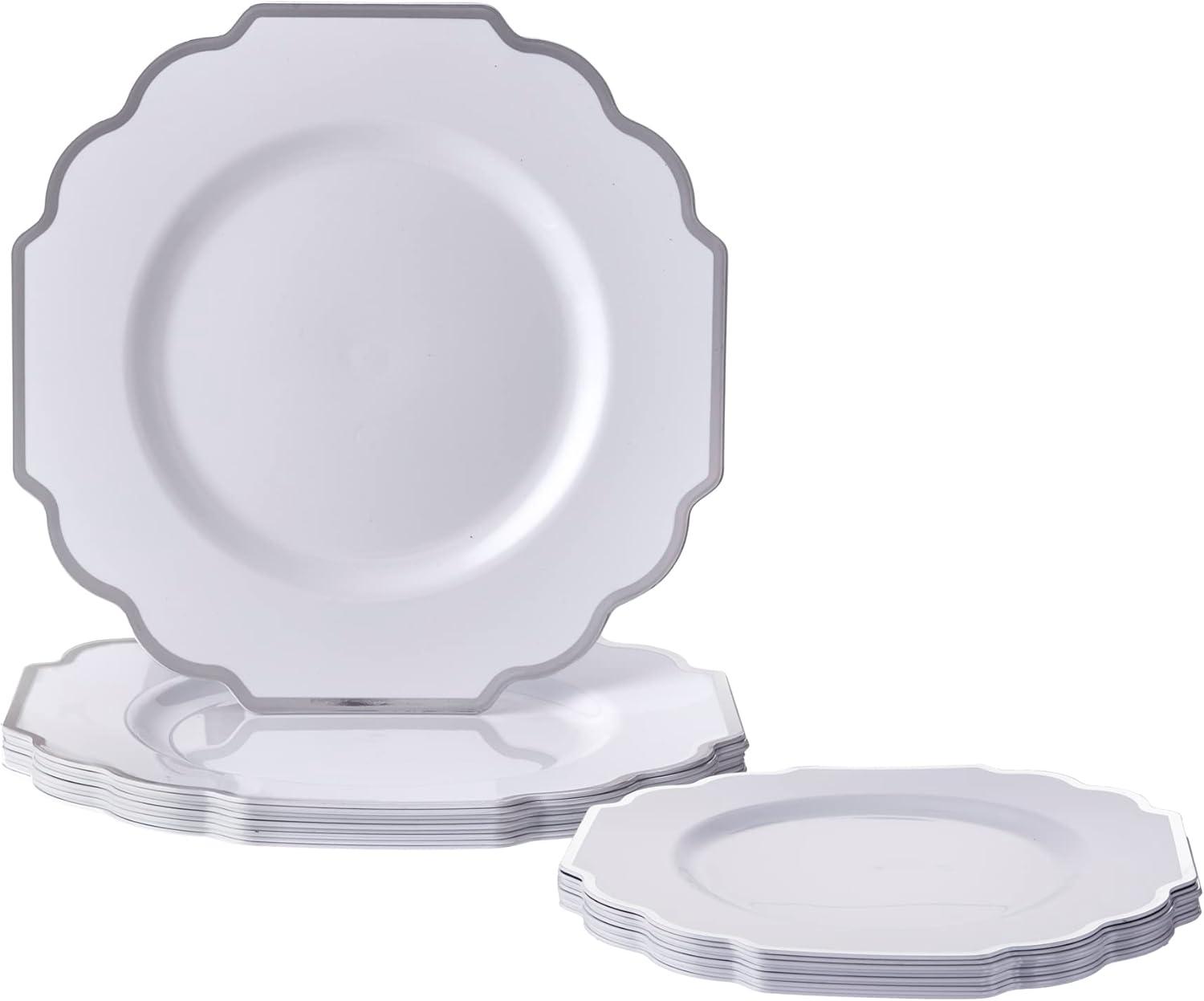 Elegant Silver Rimmed Disposable Plastic Dinner Plates Set