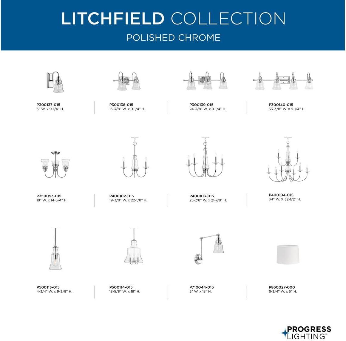 Progress Lighting Litchfield 3-Light Bath Vanity, Polished Chrome, Clear Glass Shades