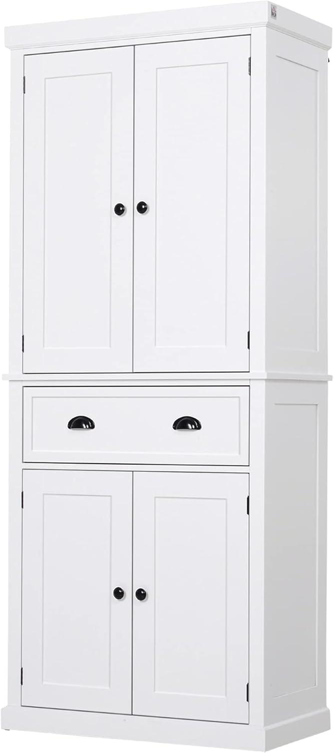 HOMCOM 72.5" Traditional Freestanding Kitchen Pantry Cupboard with 2 Cabinet, Drawer and Adjustable Shelves, White