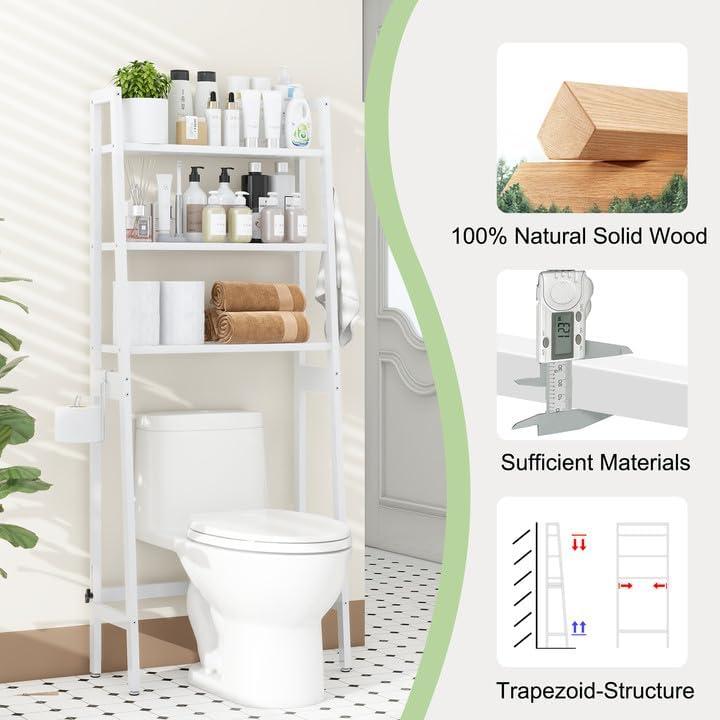Over The Toilet Storage, Wooden 3-Tier Over-The-Toilet Rack Bathroom Space Saver Organizer, Freestanding Above Toilet Stand with Toilet Paper Holder and Towel Hook(White)