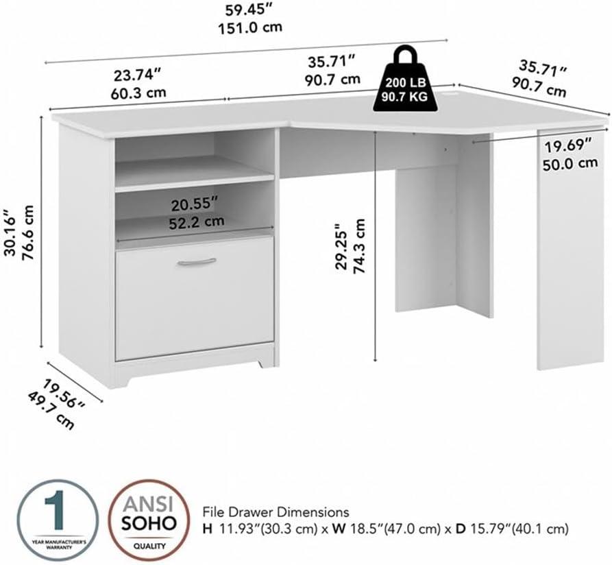 Bush Furniture Cabot 60" Corner Desk with Storage, White
