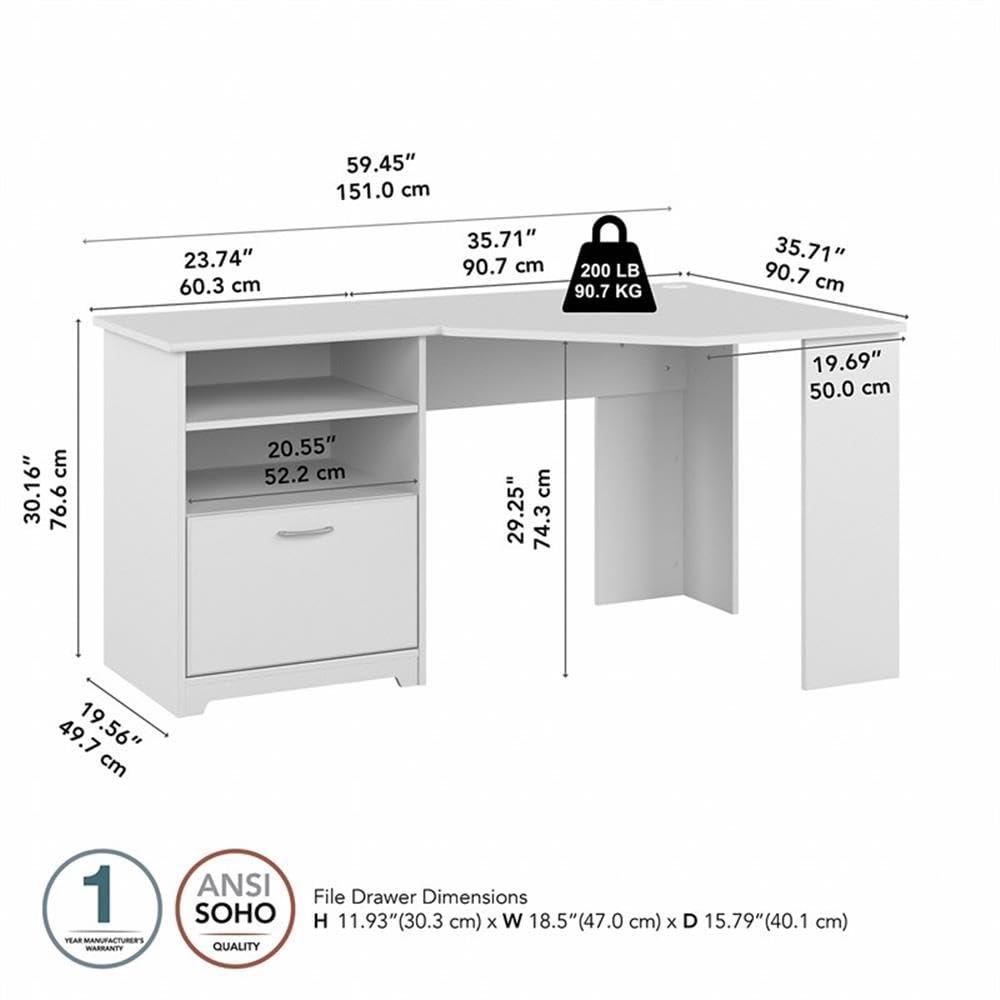 Bush Furniture Cabot 60" Corner Desk with Storage, White
