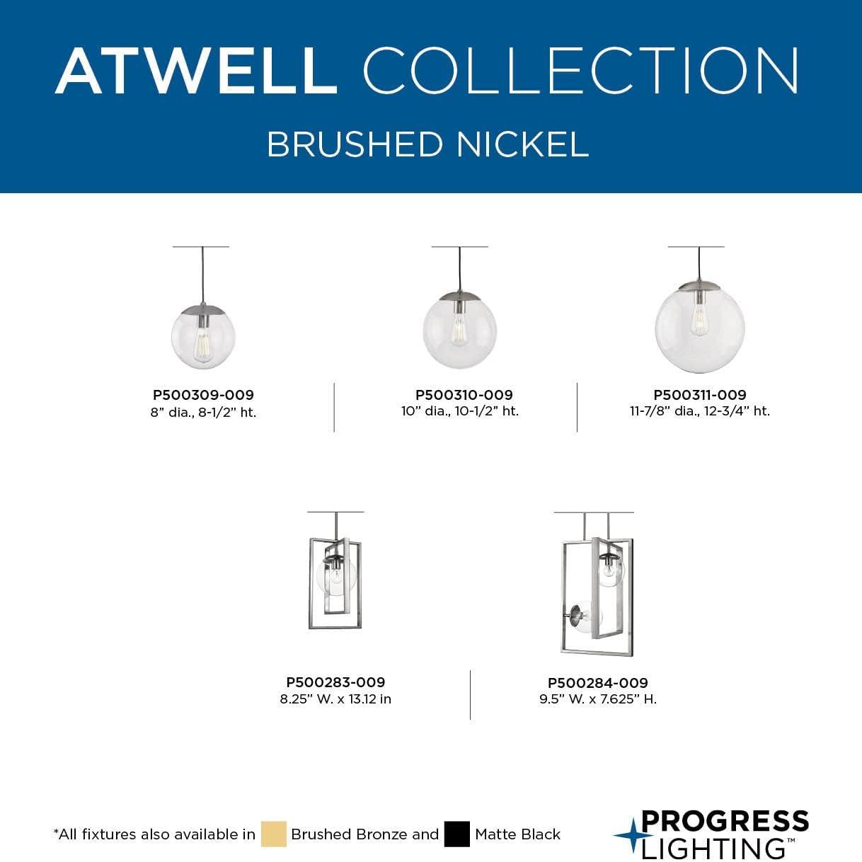 Progress Lighting Atwell 1-Light Glass Globe Pendant, Brushed Nickel, Clear Glass Shade