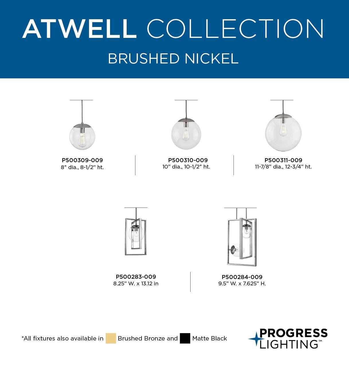 Progress Lighting Atwell 1-Light Glass Globe Pendant, Brushed Nickel, Clear Glass Shade