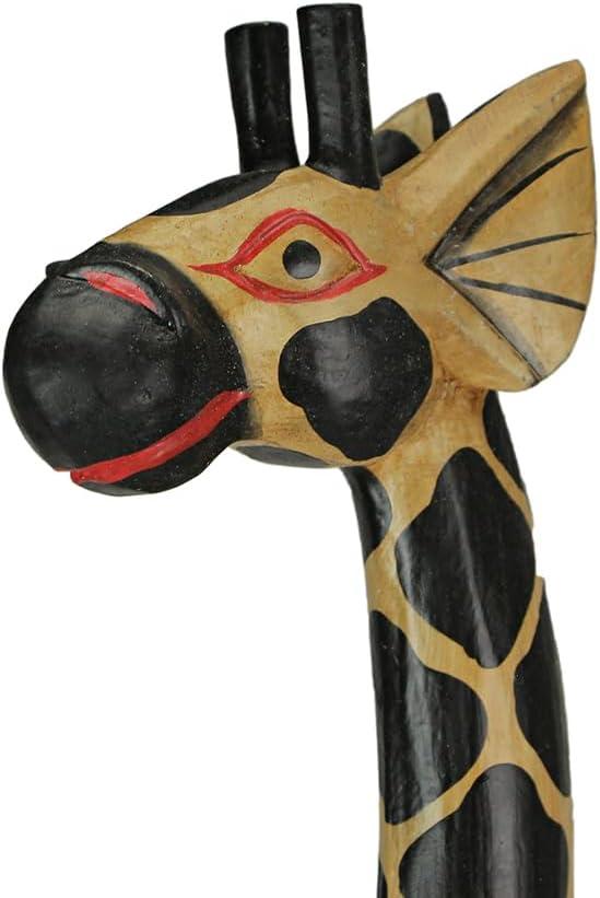 Hand-Carved 36-Inch Tall Black and Beige Wooden Giraffe Statue
