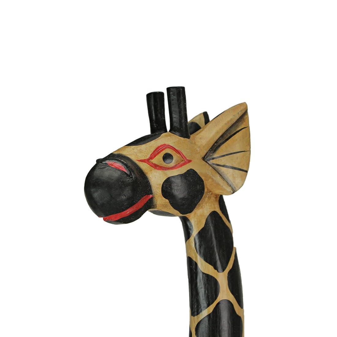 Hand-Carved 36-Inch Tall Black and Beige Wooden Giraffe Statue