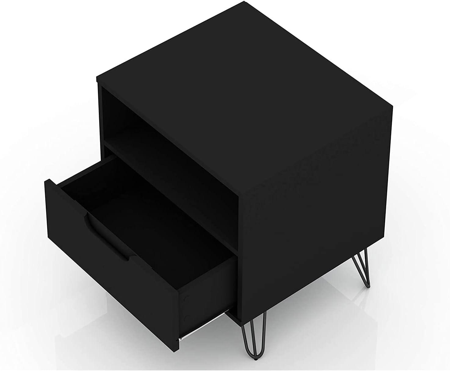 Mid-Century Modern Black Nightstand with Metal Legs and Drawer