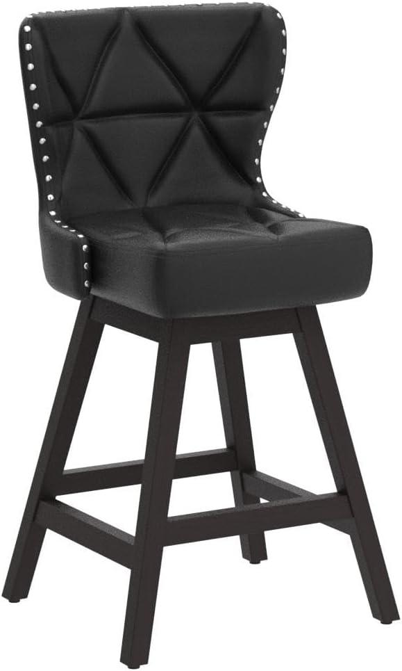 26" Black Faux Leather Swivel Bar Stools with Wood Frame, Set of 2