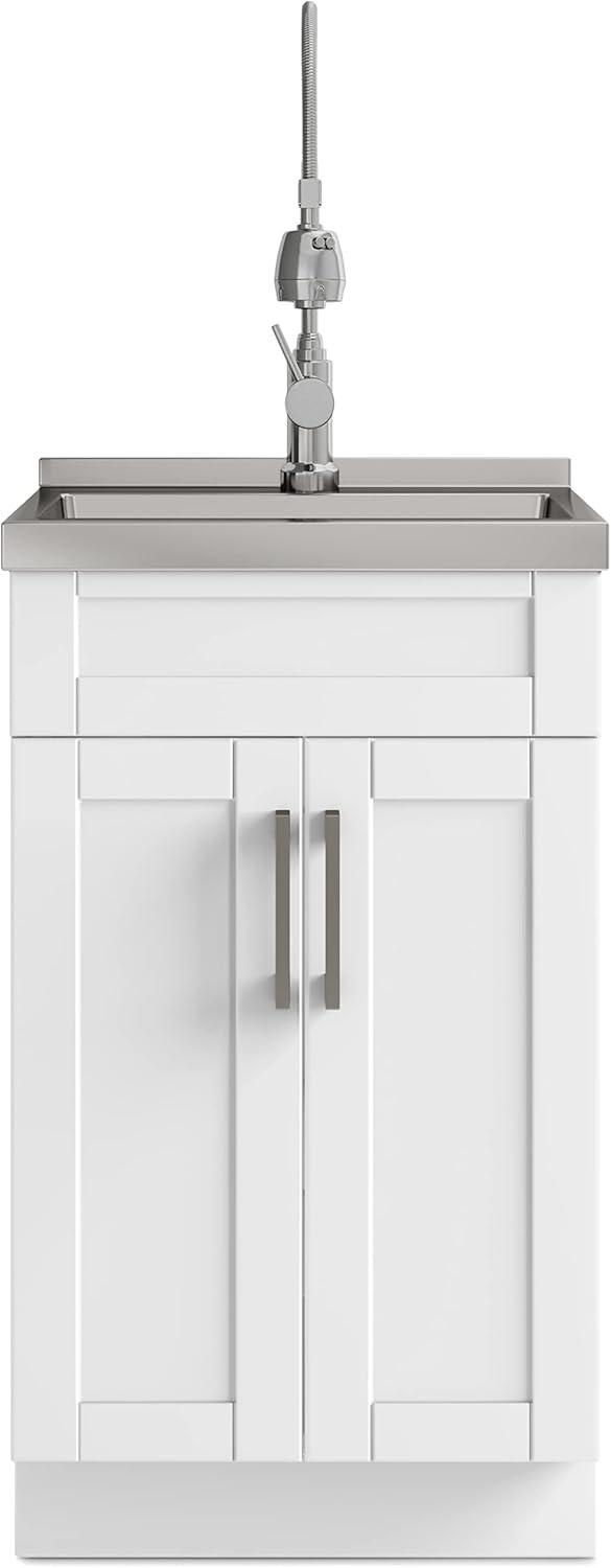 Transitional 20 inch Deluxe Laundry Cabinet with Faucet and Stainless Steel Sink in White