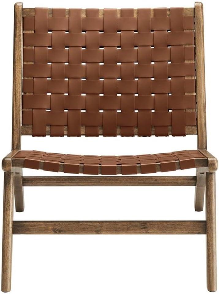 Walnut Brown Woven Faux Leather Wood Accent Chair