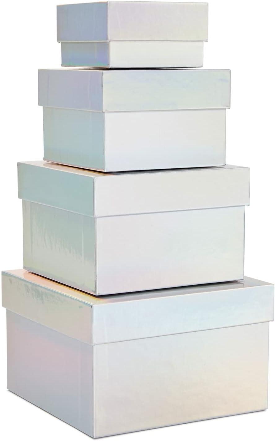 Stockroom Plus Set of 4 Sizes Square Nesting Gift Boxes with Lids for Presents, Decorative Goodie Box for Holidays, Holographic Silver