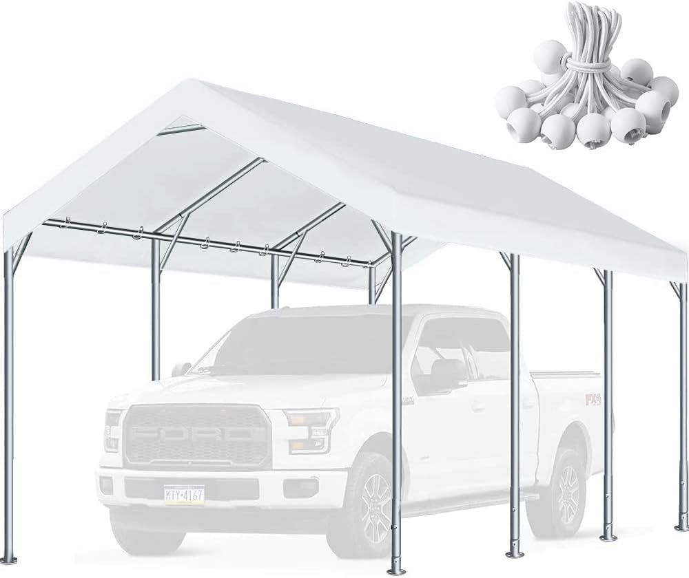 White 10'x20' PE Carport Replacement Canopy Cover with Bungees