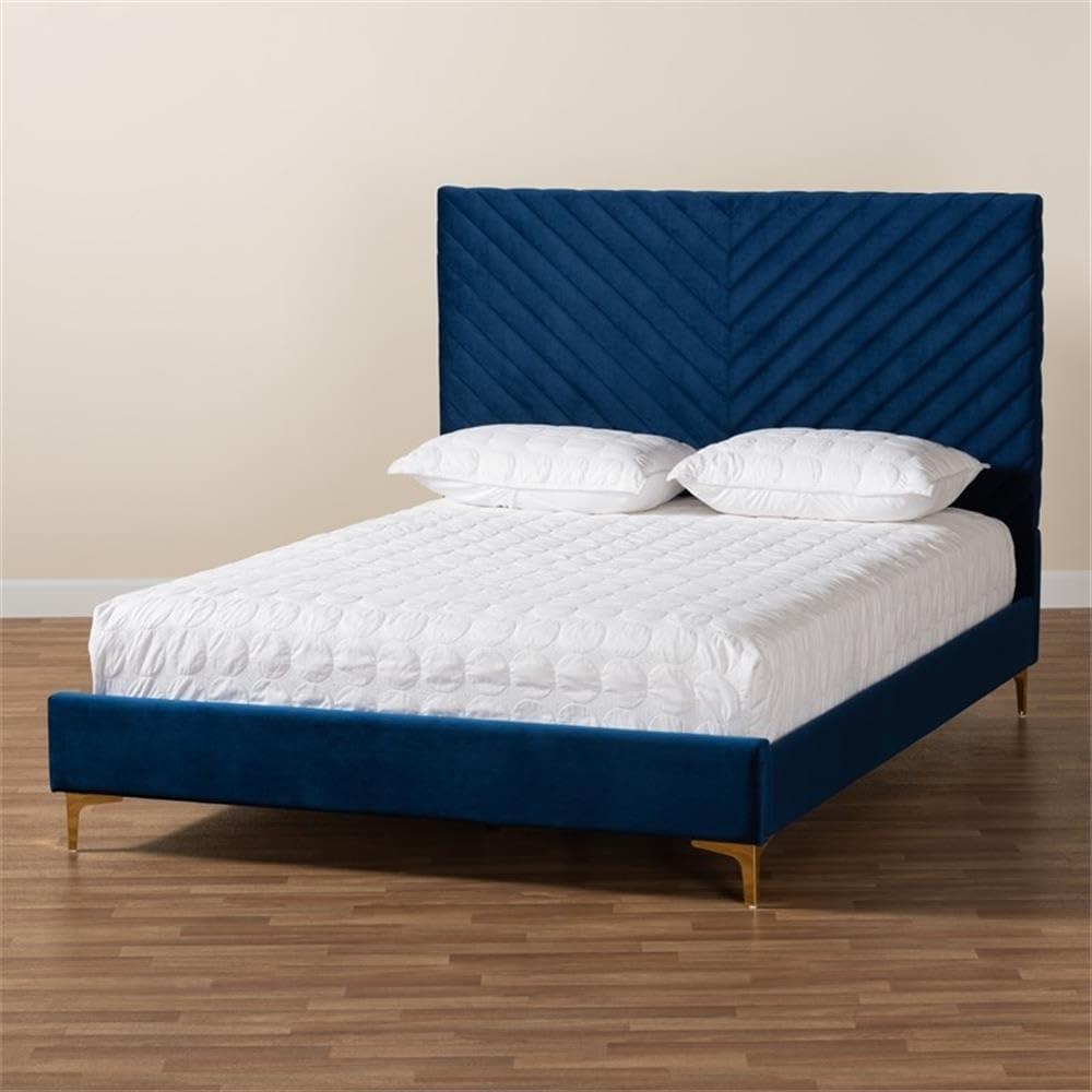 King Fabrico Velvet Fabric Upholstered and Metal Platform Bed Navy Blue/Gold - Baxton Studio