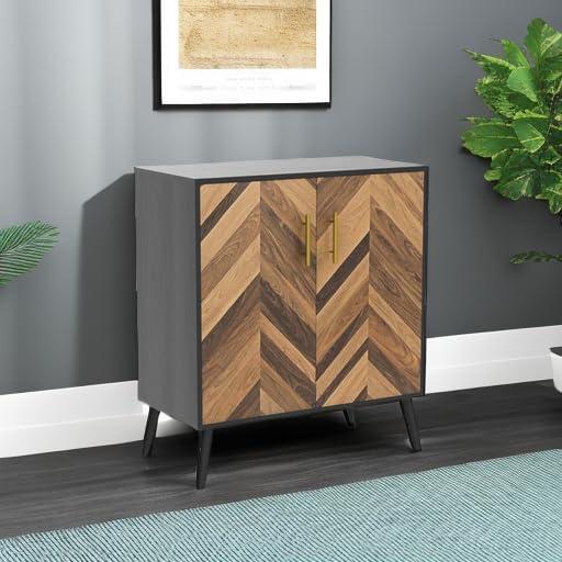 Accent Cabinet, Black Storage Cabinet with Doors Mid Century Modern Sideboard Buffet Cabinet with Storage Shelves Small Wood Accent Cabinets for Living Room Entryway Office, Brown Herringbone