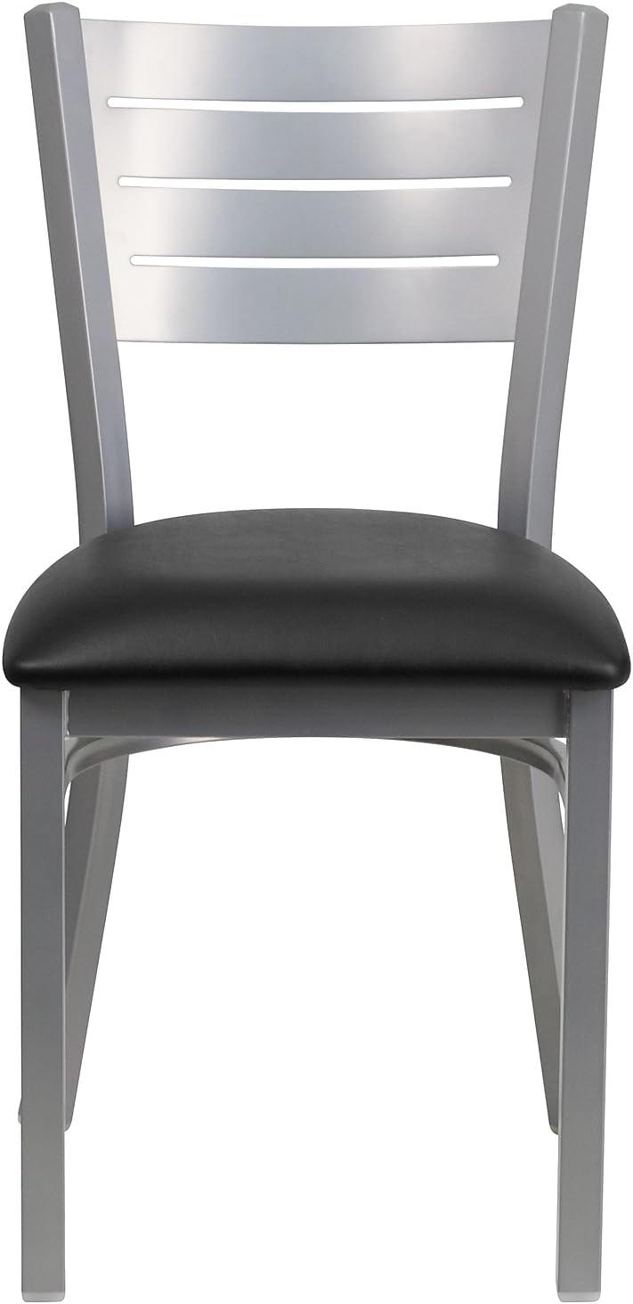 Flash Furniture HERCULES Series Silver Slat Back Metal Restaurant Chair - Black Vinyl Seat