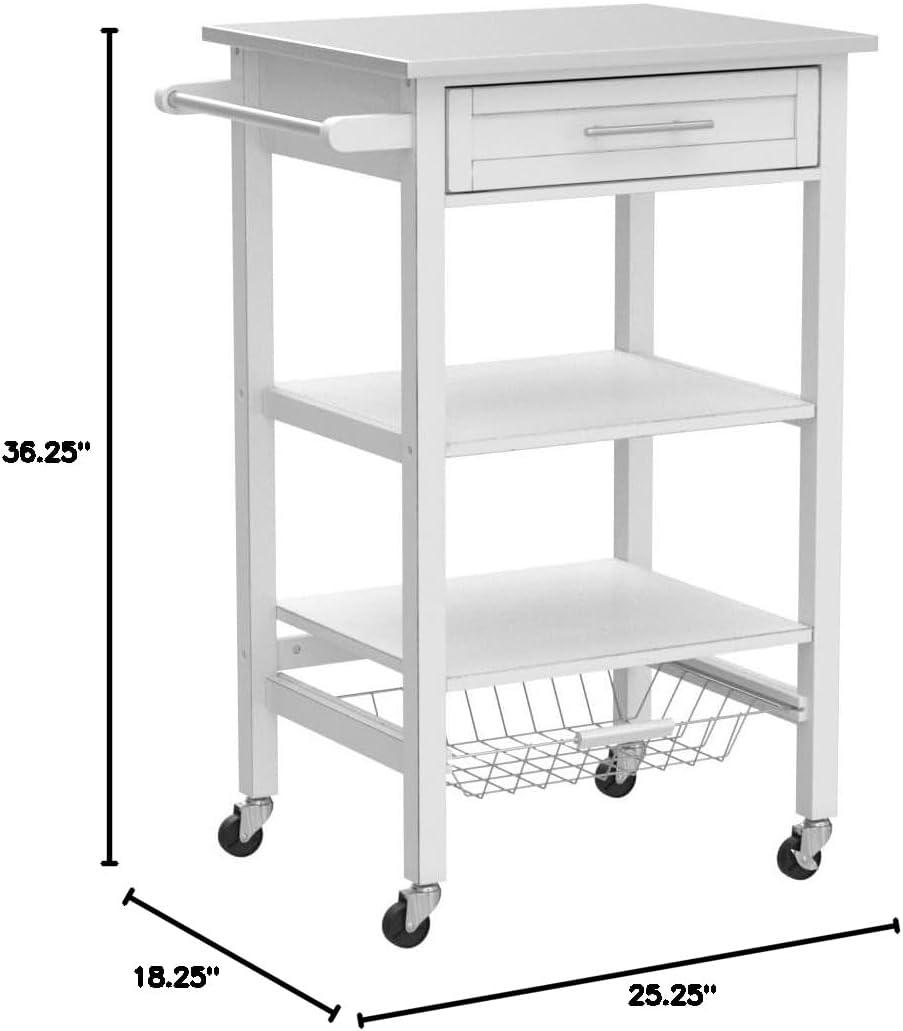 Hennington Kitchen Cart with Stainless Steel Top White - Boraam: Modern Design, Pine Frame, 2 Shelves, 1 Drawer