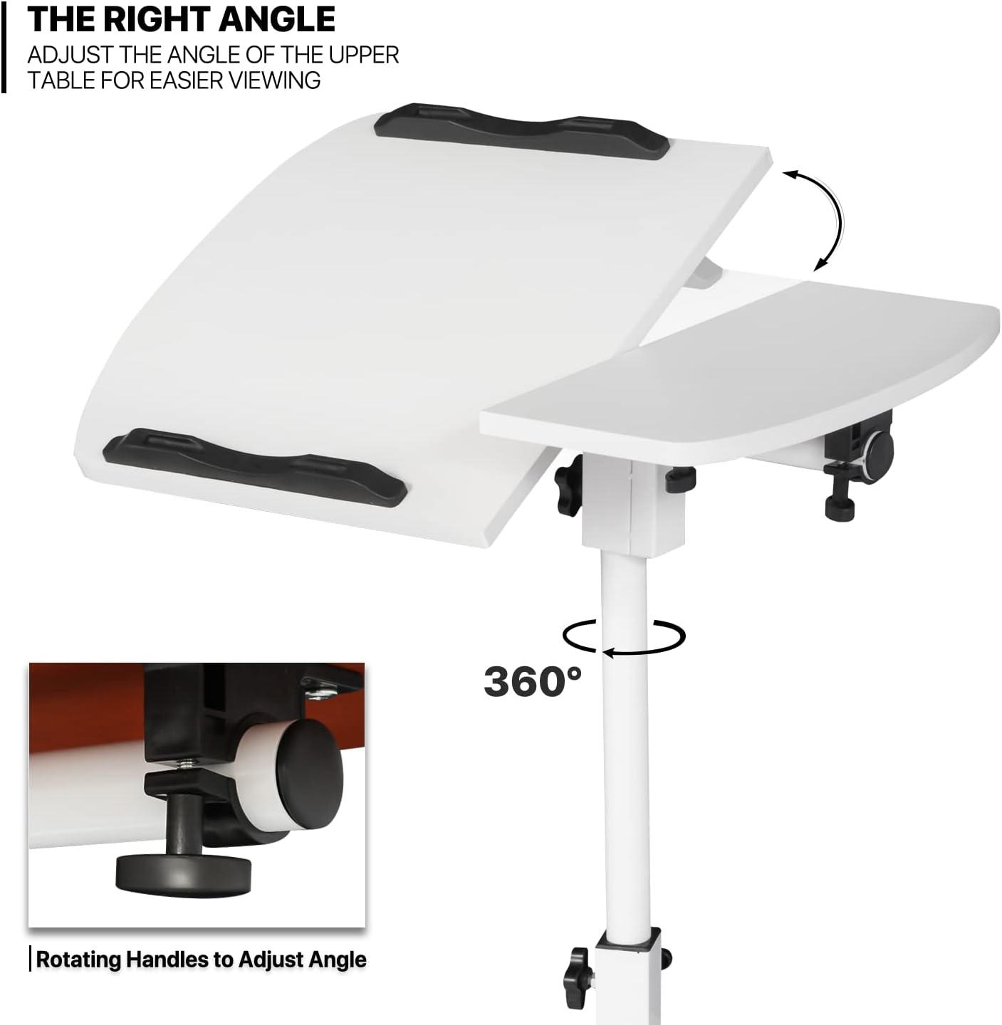 MoNiBloom Mobile Laptop Desk Standing Desk with Wheels & Tilting Tabletop, Height Adjustable Sit Stand Computer Workstation, White
