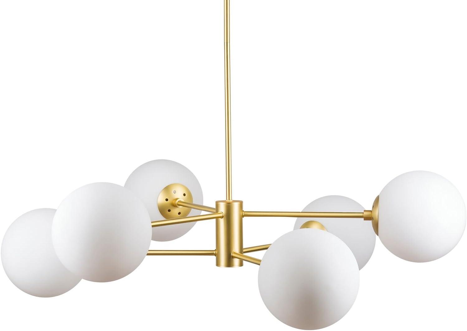 Modern Brass 6-Light Sputnik Chandelier with Frosted Glass Shades