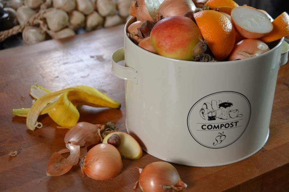 Cream Metal Kitchen Compost Bin with Lid Filter